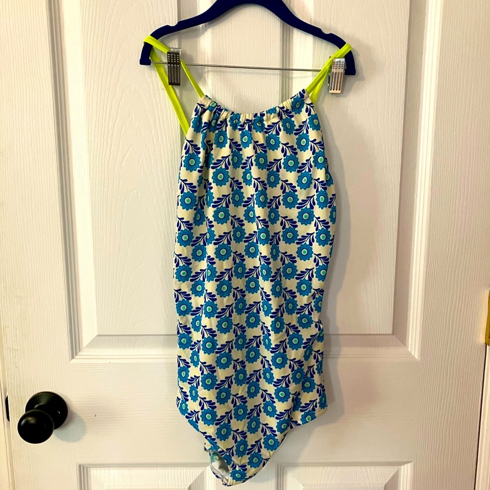 Mini Boden One-piece Swimsuit Blue and White Floral Print, Sz 13-14